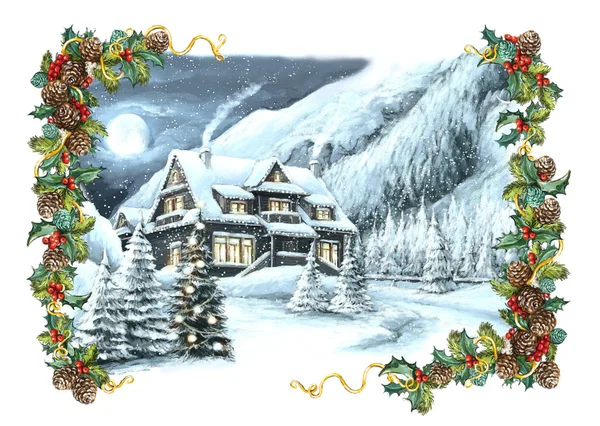 Natale inverno scena felice con cornice — Foto Stock