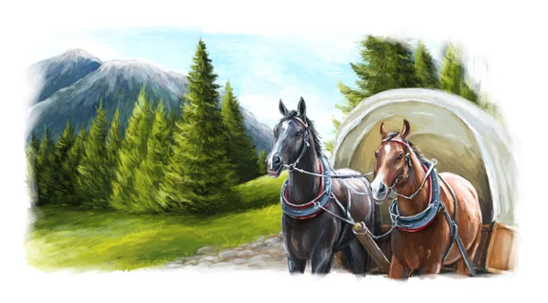 Cena dos desenhos animados - estrada nas montanhas - com cavalos — Fotografia de Stock