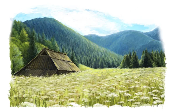 Scena dipinta a cartone animato - piccola casa in legno in montagna — Foto Stock
