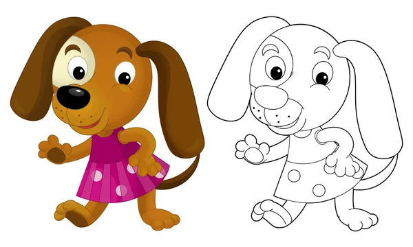 Cão menina dos desenhos animados - página para colorir com visualização — Fotografia de Stock