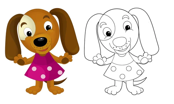 Cão menina dos desenhos animados - página para colorir com visualização — Fotografia de Stock