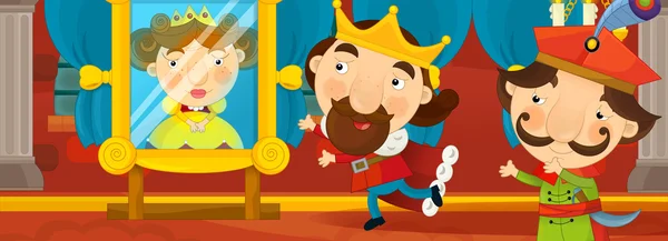 Мультфильм средневековая сказочная сцена, где король смотрит в зеркало, где его жена находится по другую сторону зеркала — стоковое фото