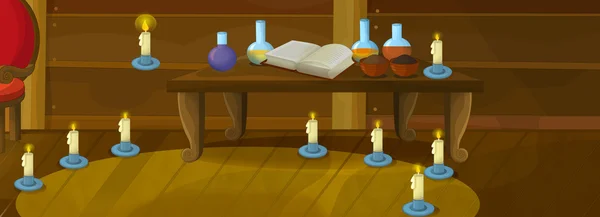 Felice scena dei cartoni animati di una stanza di legno con candele sul pavimento — Foto Stock