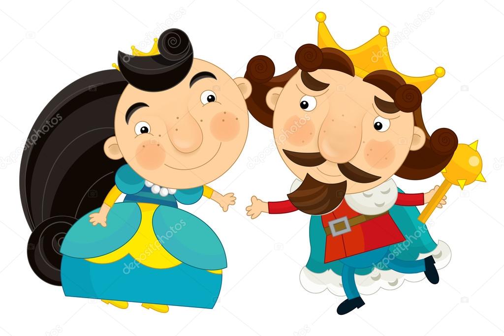 Cartoon king and queen smiling to each other isolated character