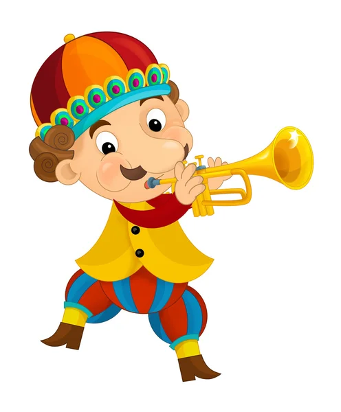 Personagem medieval dos desenhos animados - bobo com trompete - isolado — Fotografia de Stock