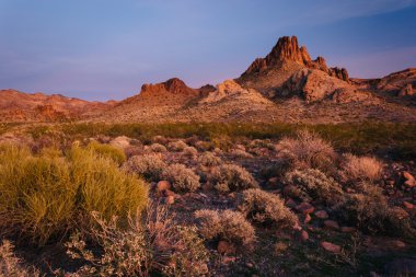 Oatman, Arizona yakınlarında gün batımında çölde dağlarının görünümü.