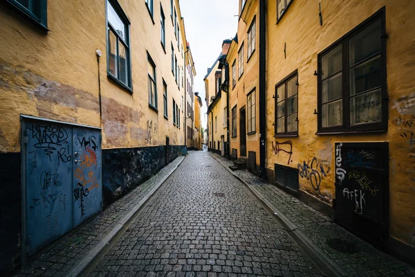 Estrecha calle adoquinada en Galma Stan, Estocolmo, Suecia . —  Fotos de Stock