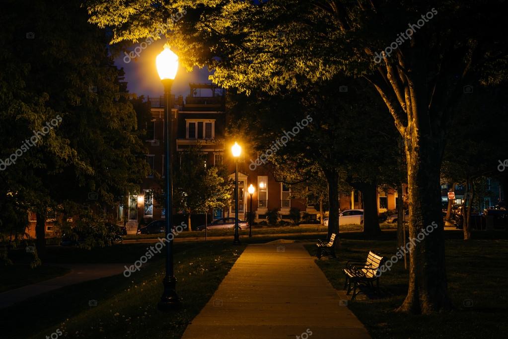Bench And Walkway At Federal Hill Park At Night In Baltimore M