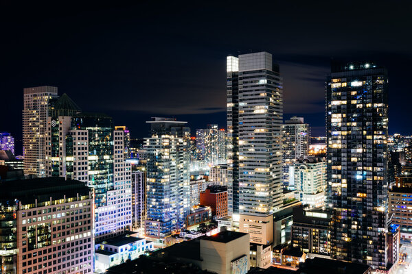 View of modern skyscrapers at night, in downtown Toronto, Ontari