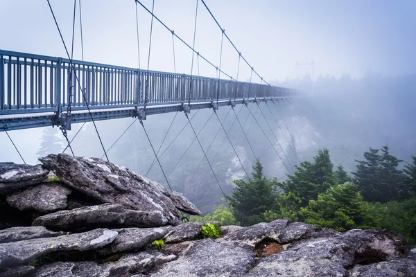 The Mile-High Swinging Bridge in fog, at Grandfather Mountain, N — Stock Photo, Image