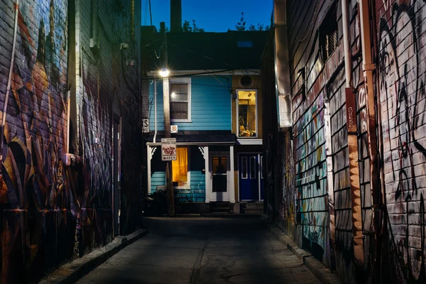 Graffiti en un callejón y una casa azul por la noche en Kensington Mar —  Fotos de Stock