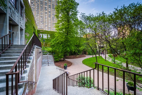 Wunderschöne Landschaft Design mit Sägemehl Blumenbeet und Rasen