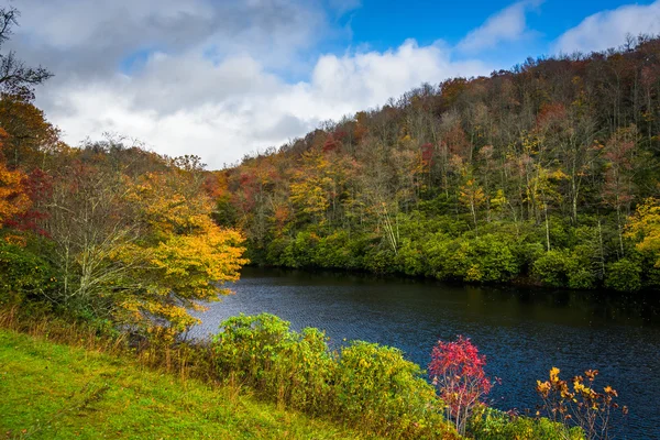 Podzimní barvy a rybník na Julian cena parku, poblíž Blowing Rock, N — Stock fotografie