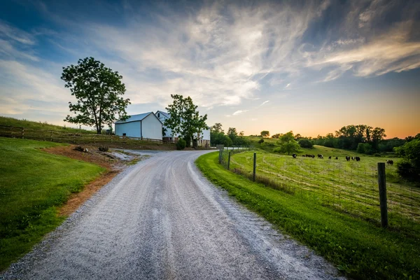 Estrada de terra e fazenda ao pôr do sol, perto de Jefferson, na zona rural de York Conde — Fotografia de Stock