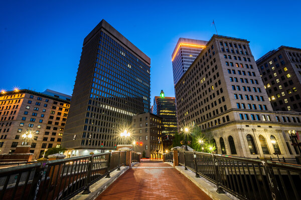 Bridge and modern buildings at night, in downtown Providence, Rh