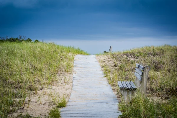 Benches along a walkway over sand dunes to the beach in Seabrook — Stock Photo, Image