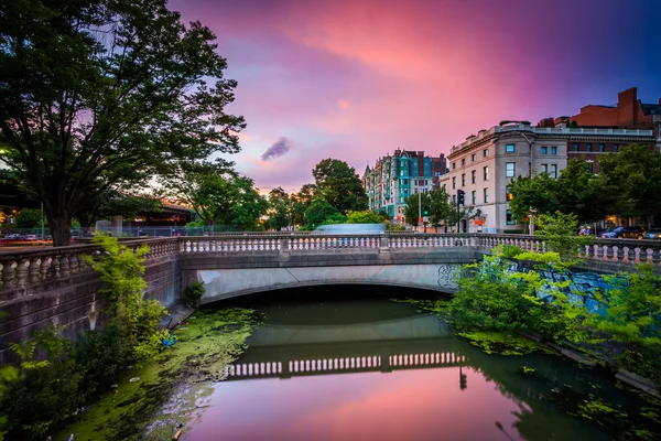 Pôr do sol sobre Commonwealth Avenue em Charlesgate Park, em Back Bay — Fotografia de Stock