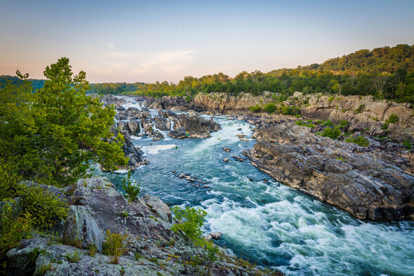 View of rapids in the Potomac River at sunset, at Great Falls Pa