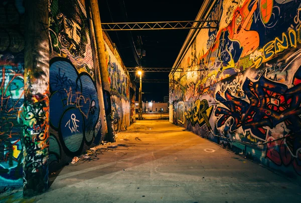 Graffiti Alley på natten, i distriktet Station norr över Bălţi — Stockfoto