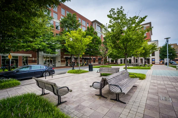 Benches and buildings at John Carlyle Square, in Alexandria, Vir — Stock Photo, Image