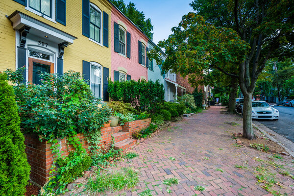 Colorful brick row houses in the Old Town, Alexandria, Virginia.