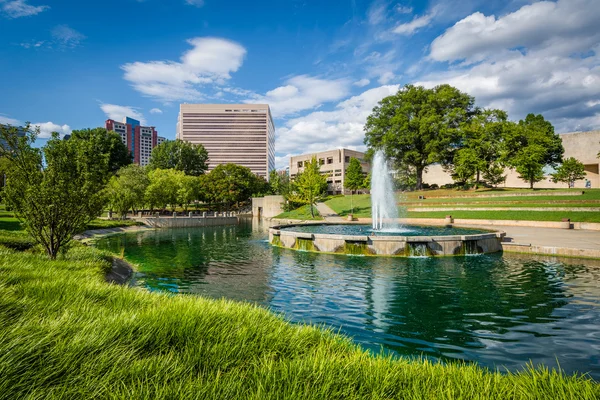 Fontein en lake in Marshall Park, Uptown Charlotte, North C — Stockfoto