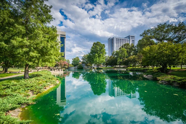 Moderne gebäude und see am marshall park, in der uptown charlotte, — Stockfoto