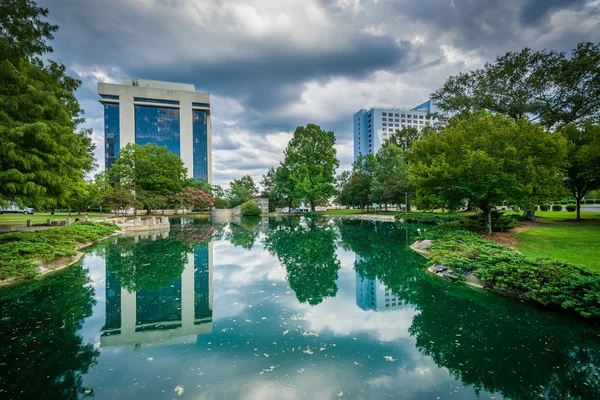 Modern buildings and lake at Marshall Park, in Uptown Charlotte, — Stock Photo, Image