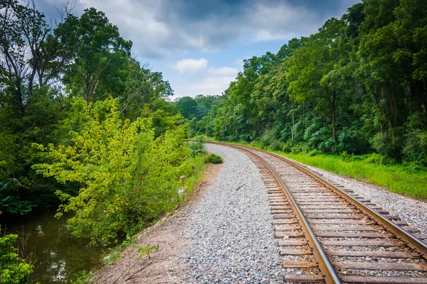 Creek och järnväg spår i landsbygdens Carroll County, Maryland. — Stockfoto