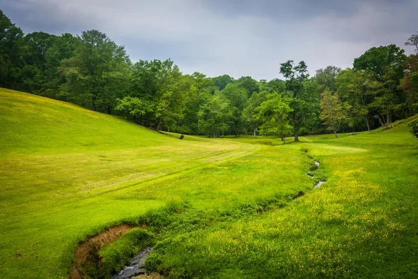 Pequeño arroyo y campo de cultivo en el condado rural de Baltimore, Maryland . — Foto de Stock