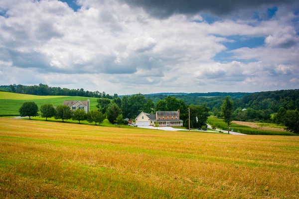 Blick auf Felder und Häuser im ländlichen Baltimore County, Maryland. — Stockfoto