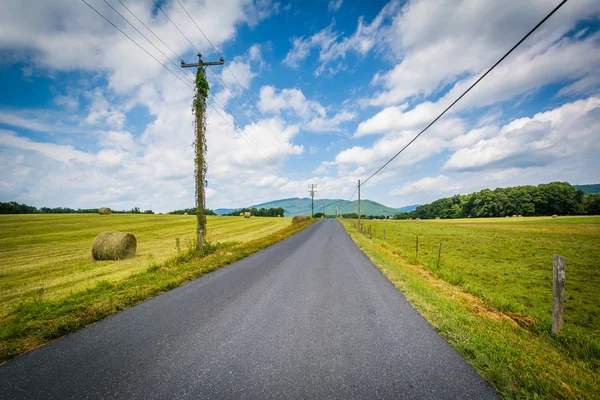 Carretera de campo con montañas distantes y campos agrícolas en el campo —  Fotos de Stock