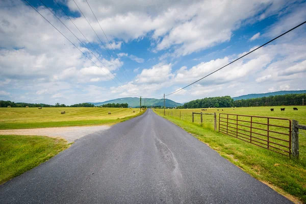 Estrada rural com montanhas distantes e campos agrícolas no campo — Fotografia de Stock