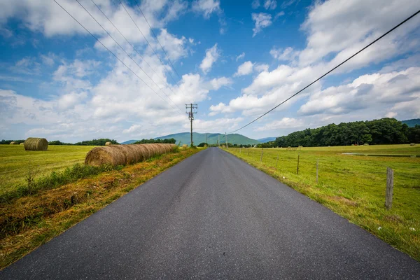 Landweg met bergen in de verte en velden van de boerderij in de landelijke — Stockfoto