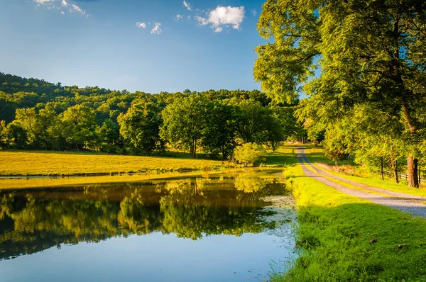 Damm och farm i Virginia landsbygdens Shenandoah Valley. — Stockfoto