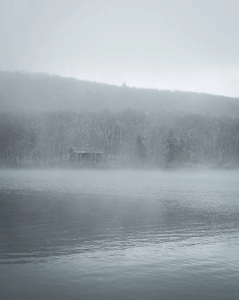 Brouillard Neige Lac Steeny Kill Dans Parc État High Point — Photo