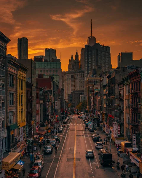 Zonsondergang Boven East Broadway Chinatown Vanaf Manhattan Bridge New York — Stockfoto