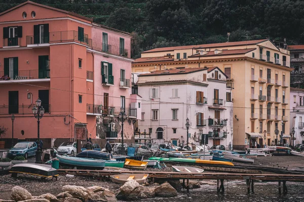 Barcos Edificios Una Pequeña Playa Sorrento Campania Italia —  Fotos de Stock