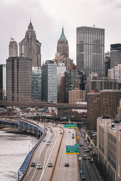 View of FDR Drive and the Financial District, from the Manhattan Bridge in New York Cit