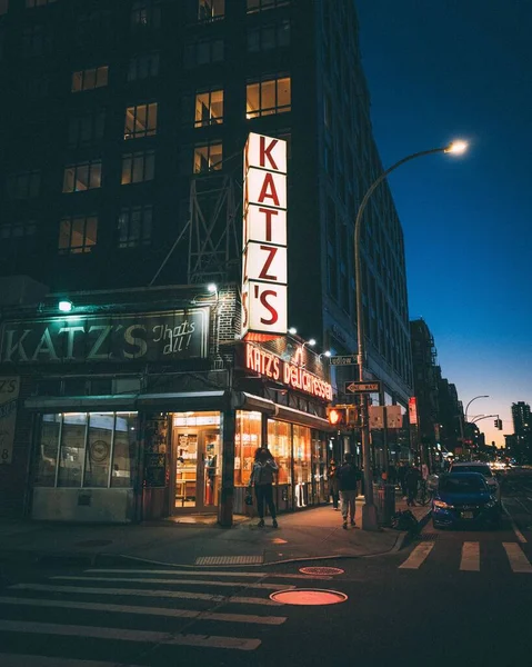 Katzs Delikatesy Nocą Lower East Side Manhattan Nowy Jork — Zdjęcie stockowe