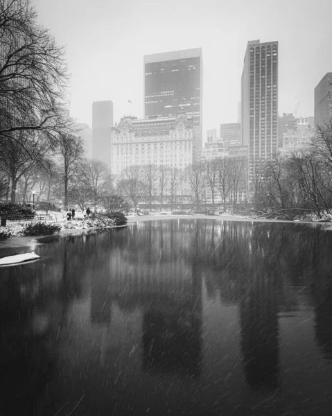 Vista Del Paisaje Urbano Snowy Midtown Pond Central Park Manhattan — Foto de Stock