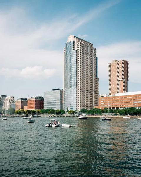 Rio Hudson Com Barcos Edifícios Fundo Tribeca Nova Iorque — Fotografia de Stock