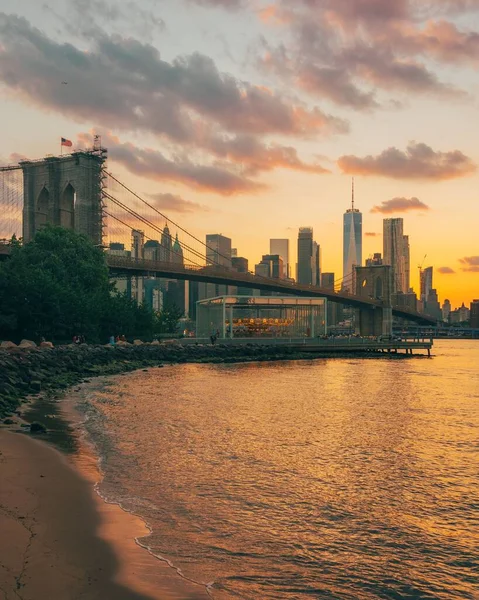 Most Brookliński Panorama Manhattanu Zachodzie Słońca Dumbo Brooklyn Nowy Jork — Zdjęcie stockowe