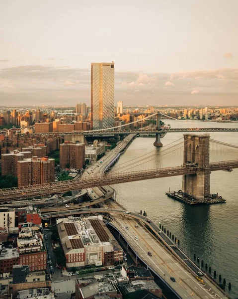 Vista East River Com Manhattan Brooklyn Bridges Pôr Sol Financial — Fotografia de Stock