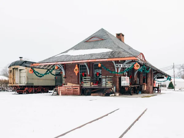 Gamla Tågstationen Snön New Oxford Pennsylvania — Stockfoto