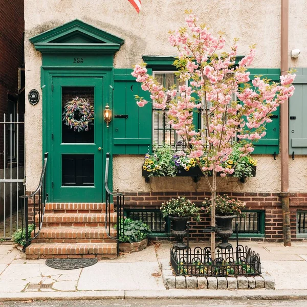 Ένα Δέντρο Ροζ Λουλούδια Μπροστά Από Ένα Πράσινο Σπίτι Φιλαδέλφεια — Φωτογραφία Αρχείου