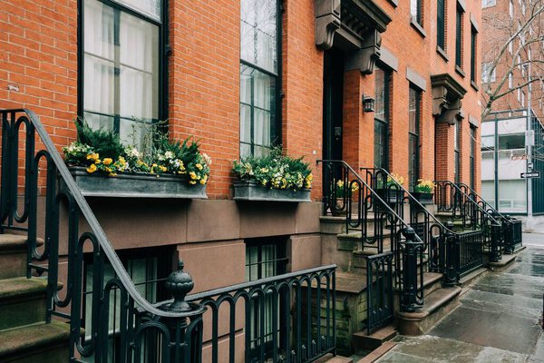 Brick houses with window planters, Brooklyn Heights, Brooklyn, New York City