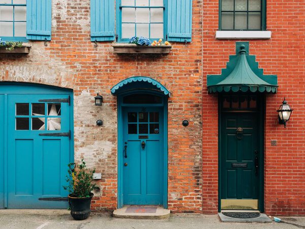 Brick house with blue doors, Brooklyn Heights, Brooklyn, New York City