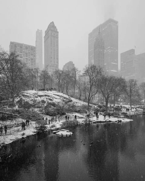 Snowy Midtown City View Nad Stawem Central Parku Manhattan Nowy — Zdjęcie stockowe