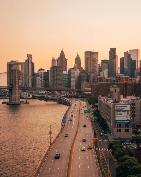 Вид Іст Рівер Fdr Drive Скайлайн Фінансового Району Манхеттенського Мосту — стокове фото